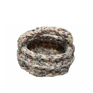 Vintage Handmade Rolled Rag Fabric Braided Basket Farmhouse Cottage Indie Chic